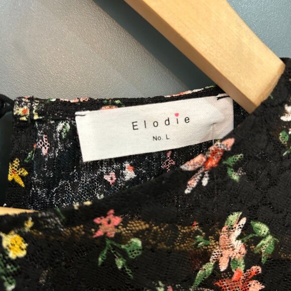 NWT Elodie Women's Floral Sheer Lace Short Ruched Sleeve Top In Black, Women's L - Picture 3 of 5